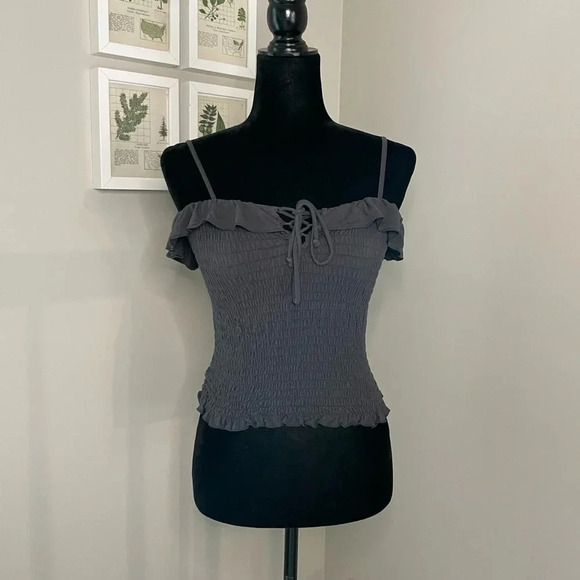 American Eagle Gray Shirred Stretchy Elastic Cropped Tank Top - Picture 1 of 10